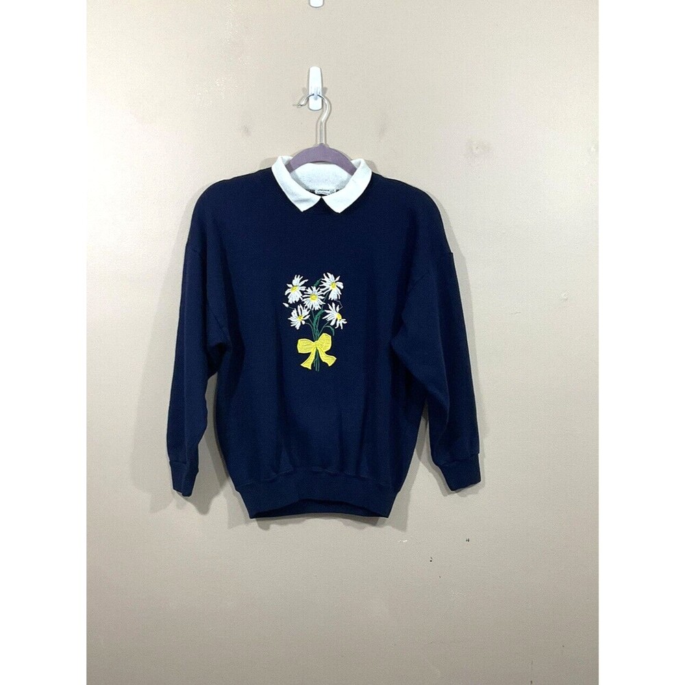 Vintage Womens Embroidered Daisy Oversized Sweatshirt M Blue Flowers Cottage 90s